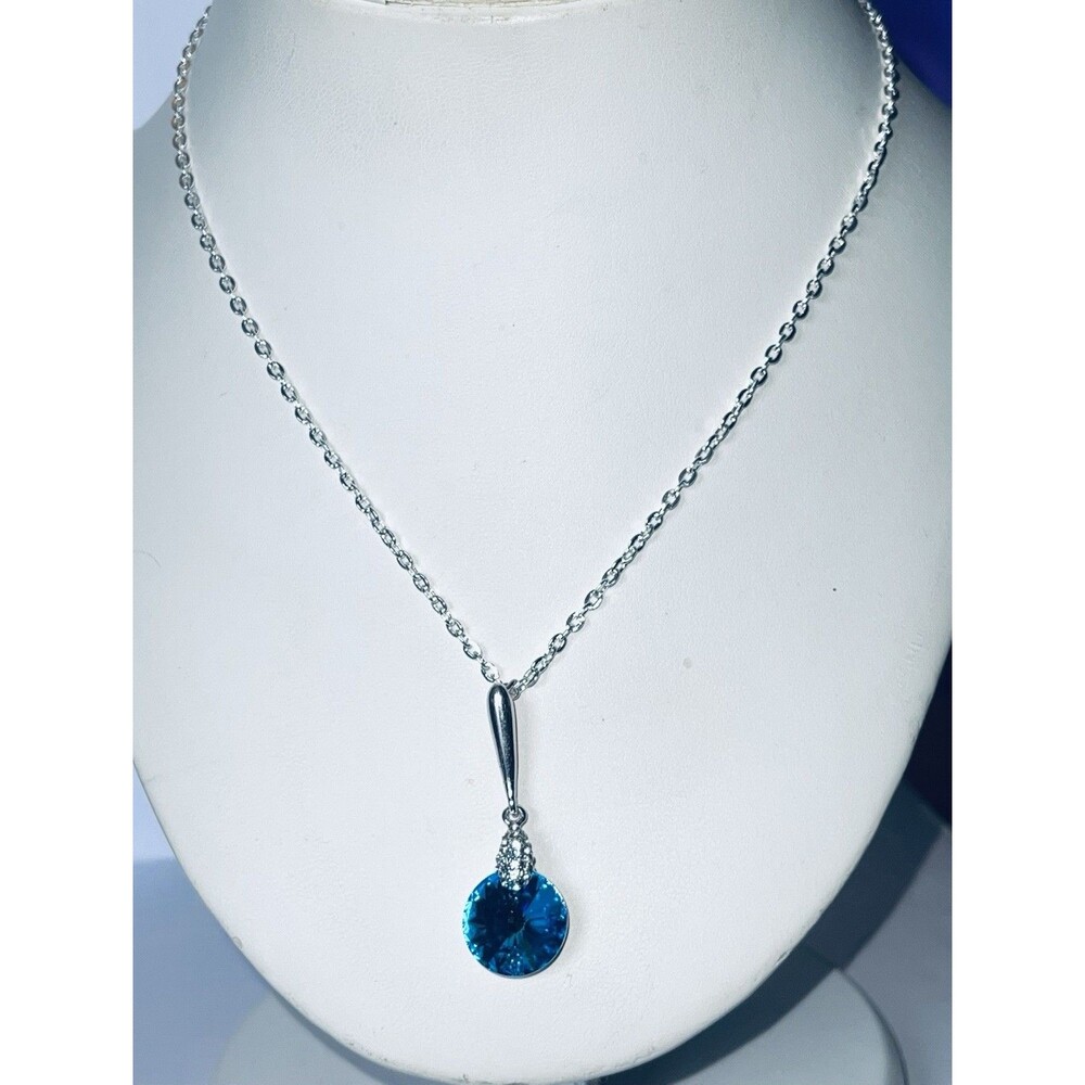Sterling Silver Necklace Blue Large Glass & Crystal Rhinestones 18” New Chain